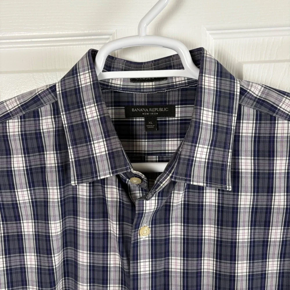 Banana Republic Button Down Shirt Men's XL Navy Plaid Camden Non-Iron Preppy